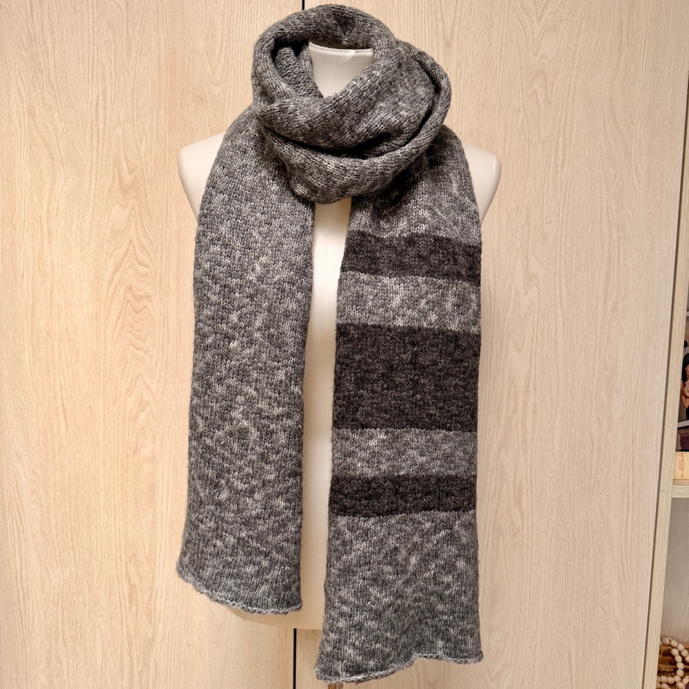 James Perse Gray and charcoal long Striped Marino wool blend Knit Scarf